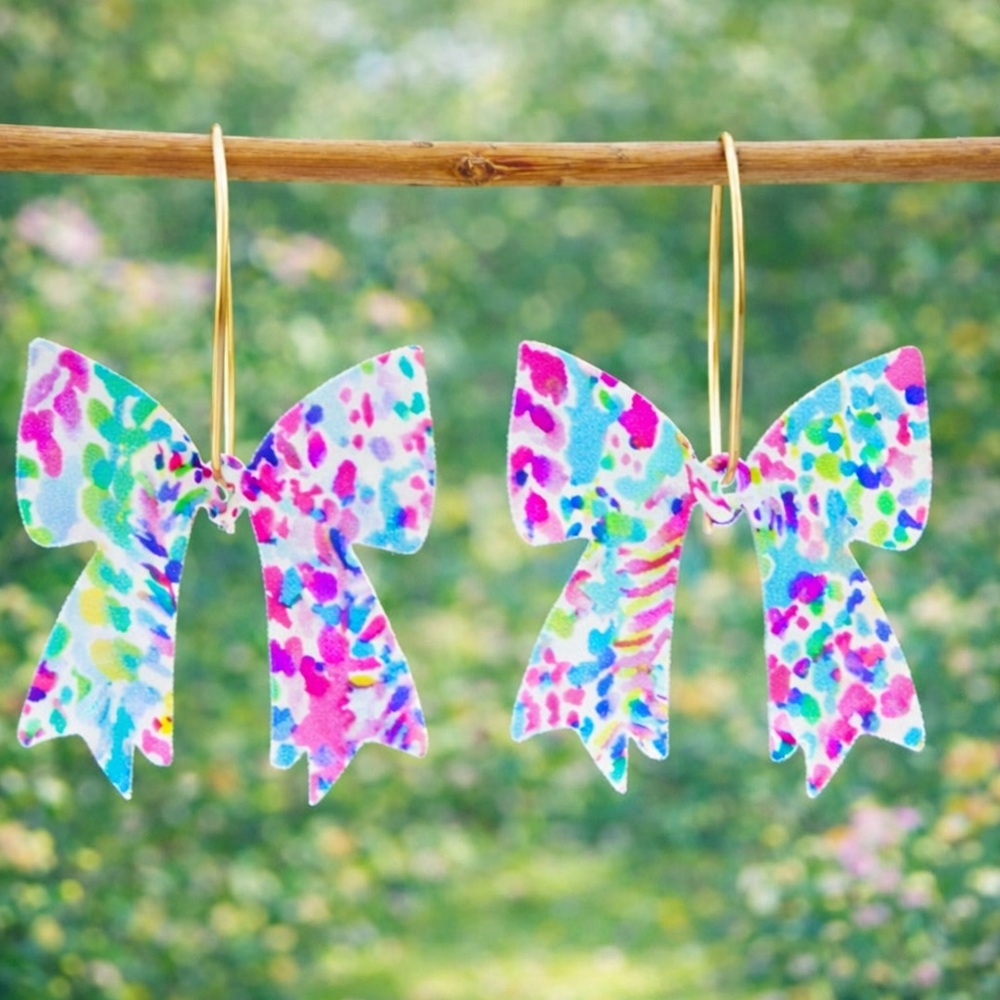 Floral Pink and Blue Colorful Resin Bow Dangle Earrings